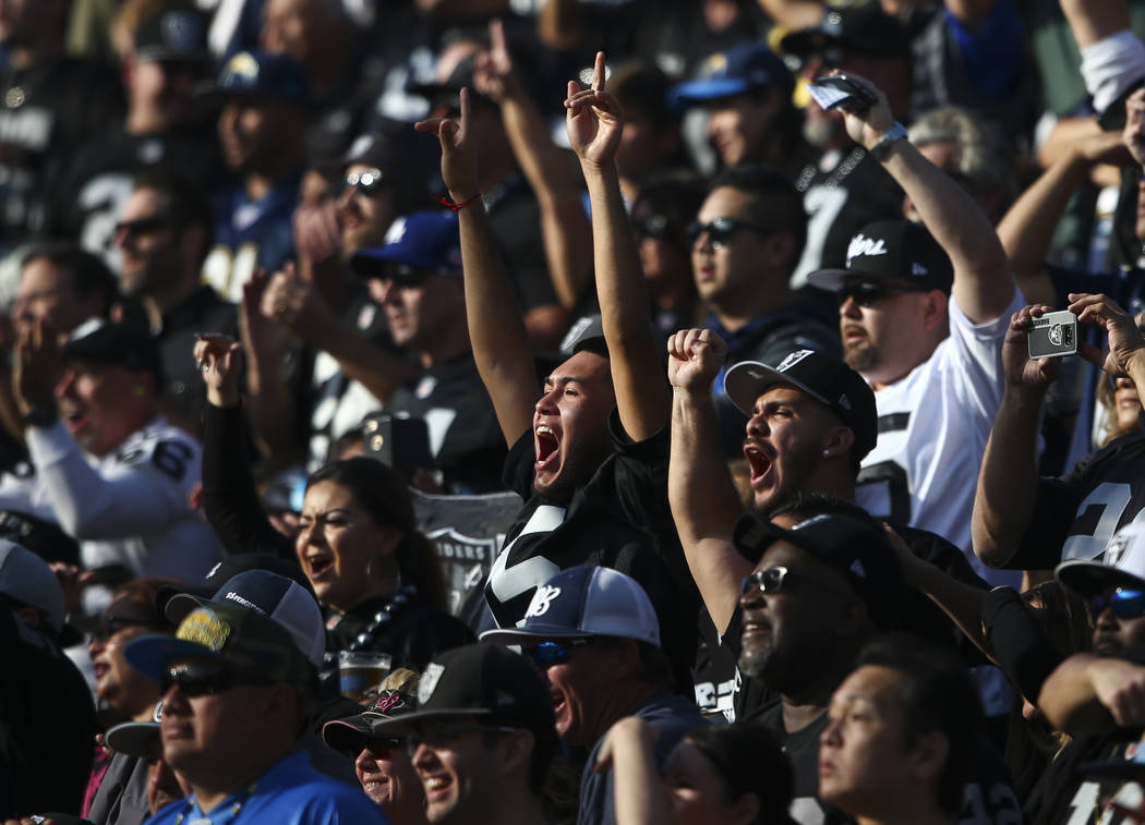 Oakland Raiders fans cheer during an NFL game against the Los Angeles Chargers at StubHub Center in Carson, Calif. on Sunday, Dec. 31, 2017. Chase Stevens Las Vegas Review-Journal @csstevensphoto