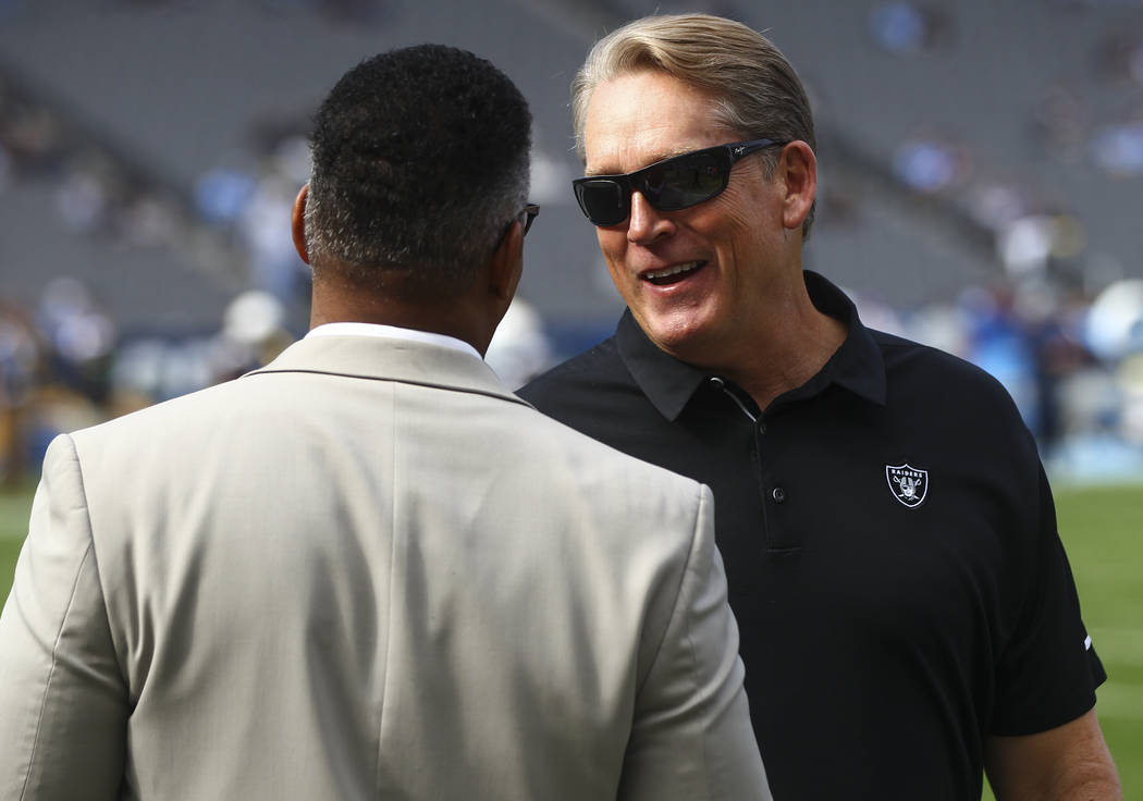 Oakland Raiders head coach Jack Del Rio before his team plays the Los Angeles Chargers during an NFL game at StubHub Center in Carson, Calif. on Sunday, Dec. 31, 2017. (Chase Stevens/Las Vegas Rev ...