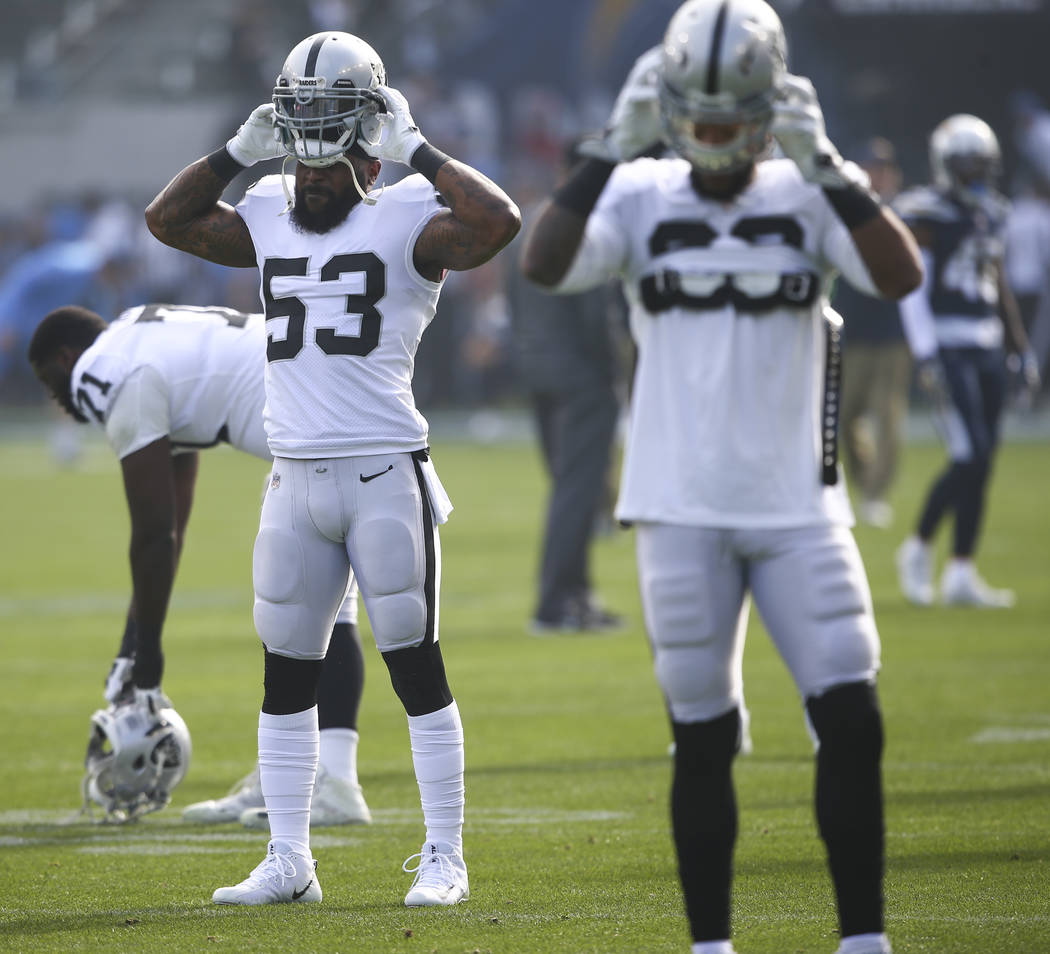 Oakland Raiders middle linebacker NaVorro Bowman (53) gets ready to take on the Los Angeles Chargers in an NFL game at StubHub Center in Carson, Calif. on Sunday, Dec. 31, 2017. (Chase Stevens/Las ...