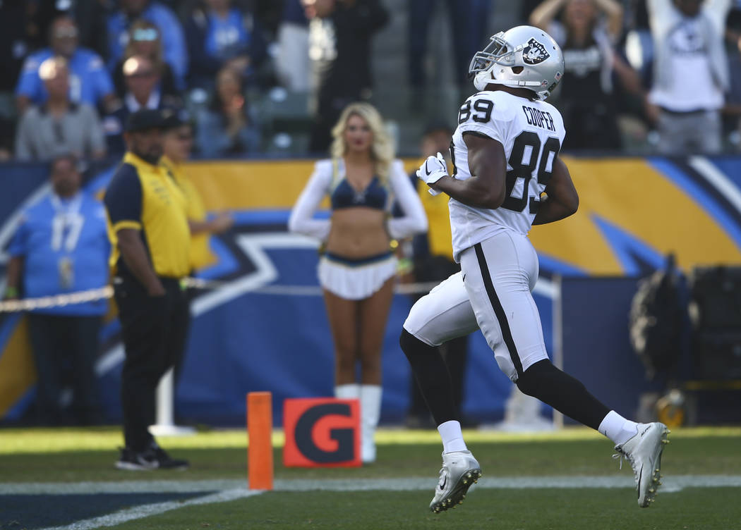 Oakland Raiders wide receiver Amari Cooper (89) heads for the end zone to score a touchdown against the Los Angeles Chargers during an NFL game at StubHub Center in Carson, Calif. on Sunday, Dec.  ...