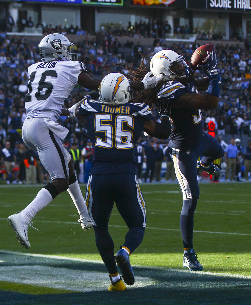 Los Angeles Chargers safety Tre Boston (33) intercepts a pass intended for Oakland Raiders wide receiver Johnny Holton (16) during an NFL game at StubHub Center in Carson, Calif. on Sunday, Dec. 3 ...