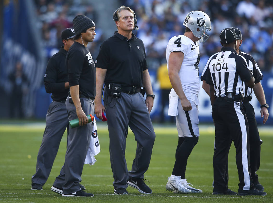 Oakland Raiders head coach Jack Del Rio, third from left, with quarterback Derek Carr (4) during an NFL game against the Los Angeles Chargers at StubHub Center in Carson, Calif. on Sunday, Dec. 31 ...