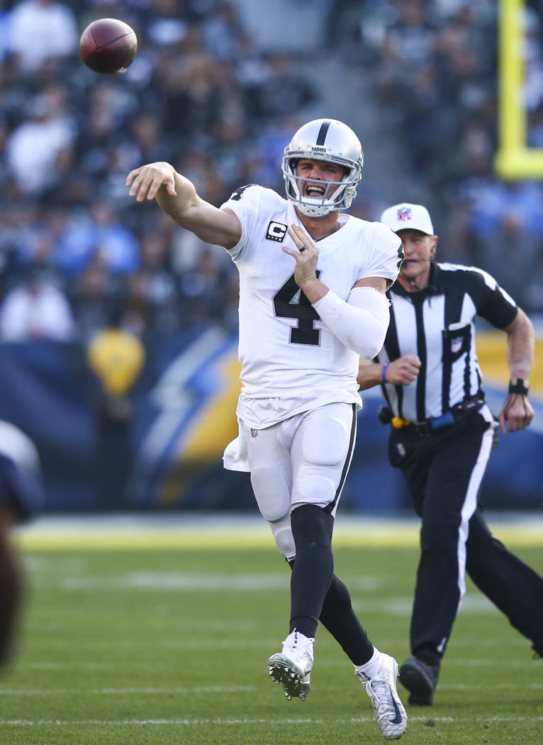 Oakland Raiders quarterback Derek Carr (4) throws the ball during an NFL game against the Los Angeles Chargers at StubHub Center in Carson, Calif. on Sunday, Dec. 31, 2017. Chase Stevens Las Vegas ...