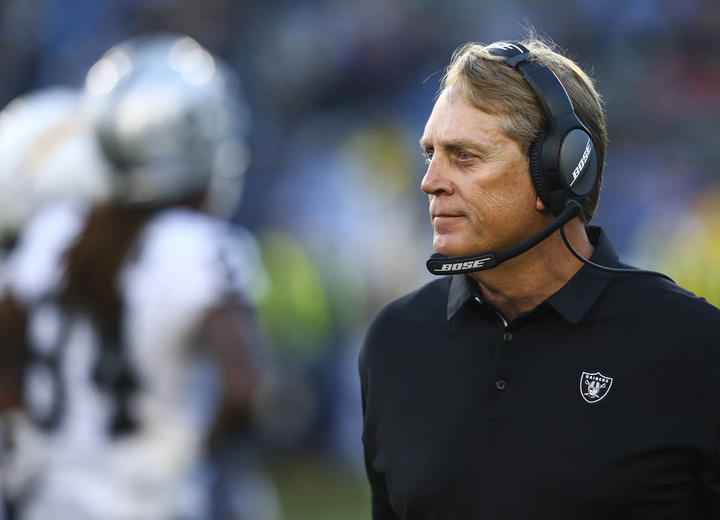 Oakland Raiders head coach Jack Del Rio during an NFL game against the Los Angeles Chargers at StubHub Center in Carson, Calif. on Sunday, Dec. 31, 2017. Chase Stevens Las Vegas Review-Journal @cs ...