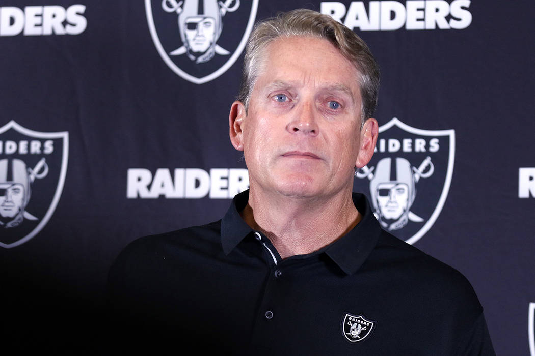 Jack Del Rio takes questions from media after announcing he was fired as the Oakland Raiders head coach during a postgame news conference released following their 30-10 loss to the Los Angeles Cha ...