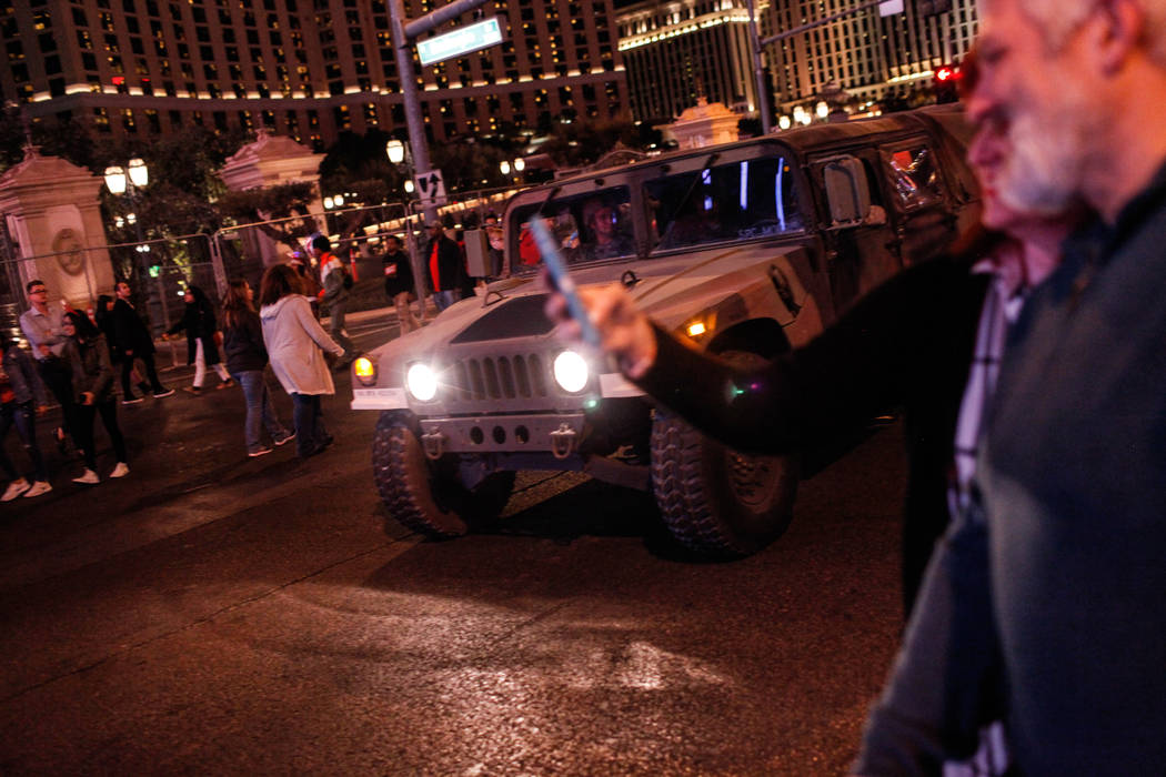 A National Guard Humvee drives along the Strip on New Year's Eve in Las Vegas, Sunday, Dec. 31, 2017. Joel Angel Juarez Las Vegas Review-Journal @jajuarezphoto