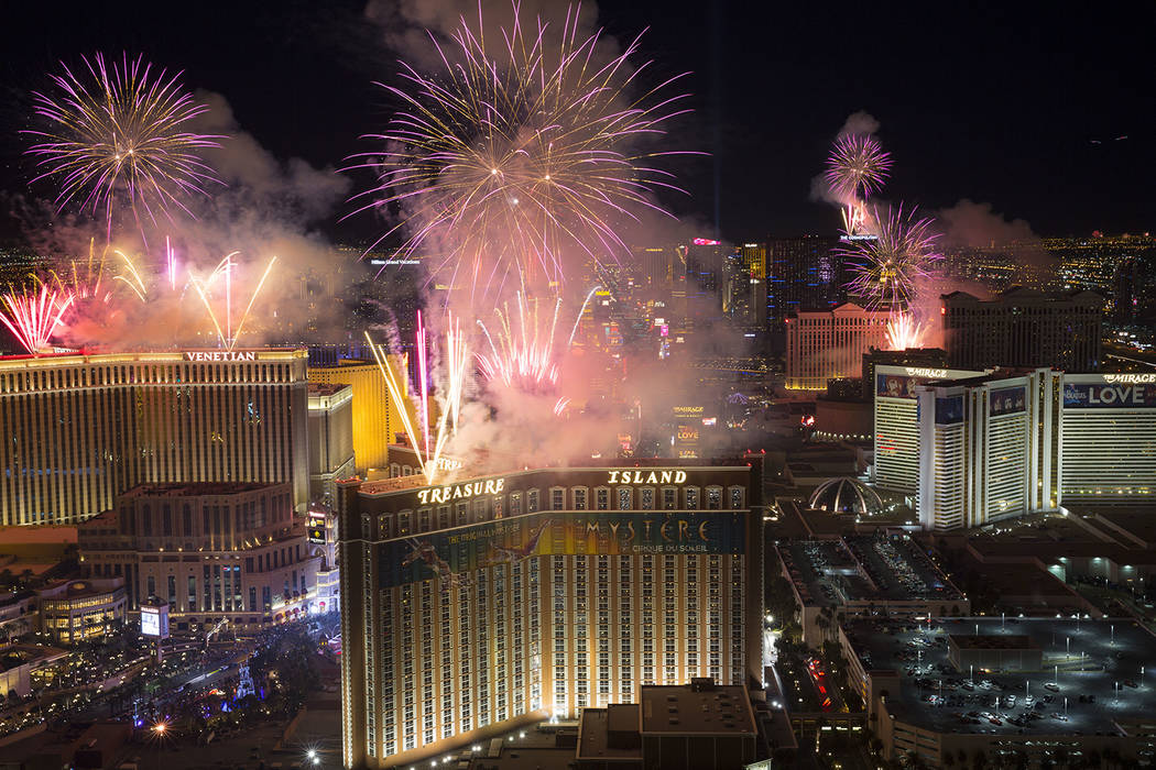 New Year's fireworks are seen along the Strip from the top of the Trump International, Monday, Jan. 1, 2018. (Richard Brian/Las Vegas Review-Journal)