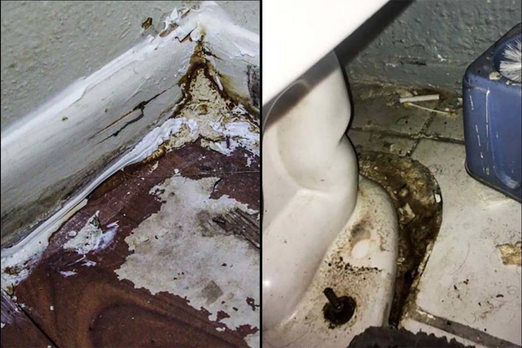 Fresh caulking over mold and water damage, left, and a dirty, leaking toilet are included in a state audit reporting filthy and unsafe conditions in 37 “community-based living arrangement” hom ...