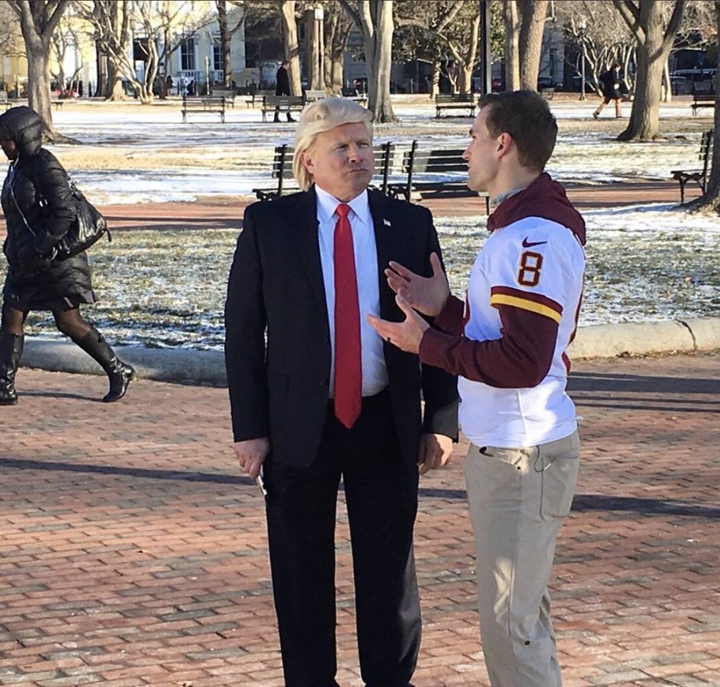 John Di Domenico of Las Vegas, a top Donald Trump impressionist, is shown with Redskins quarterback Kirk Cousins at the White House on Thursday, Jan. 18, 2018. The two were shooting a commercial f ...