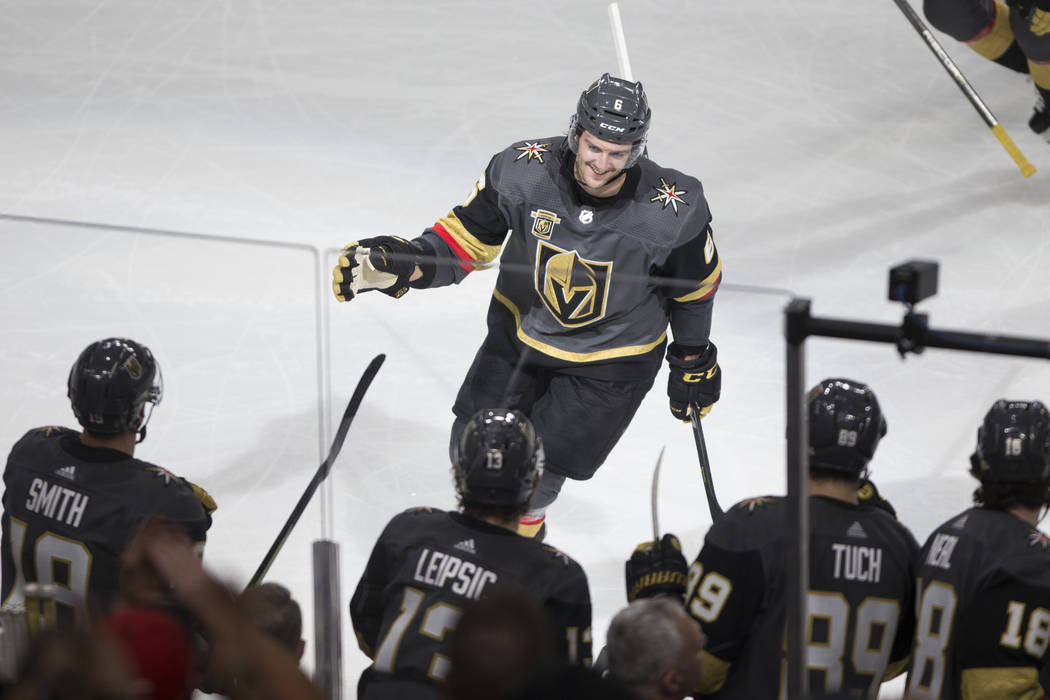 Vegas Golden Knights defenseman Colin Miller (6) celebrates a goal in the second quarter against Columbus Blue Jackets in the NHL game at T-Mobile Arena Las Vegas, Tuesday, Jan. 23, 2018. Erik Ver ...