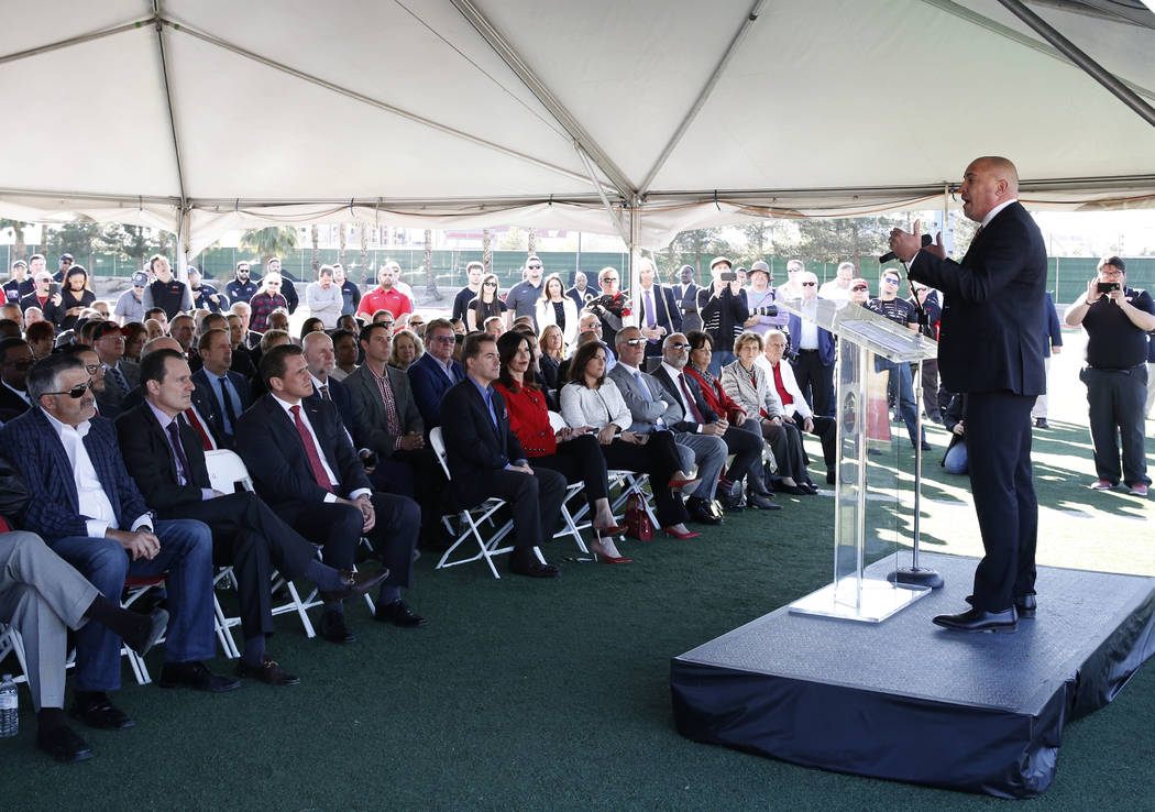 UNLV football head coach Tony Sanchez speaks during the groundbreaking ceremony for the Fertitta Football Complex on Tuesday, Jan. 23, 2018 in Las Vegas. (Bizuayehu Tesfaye/Las Vegas Review-Journa ...