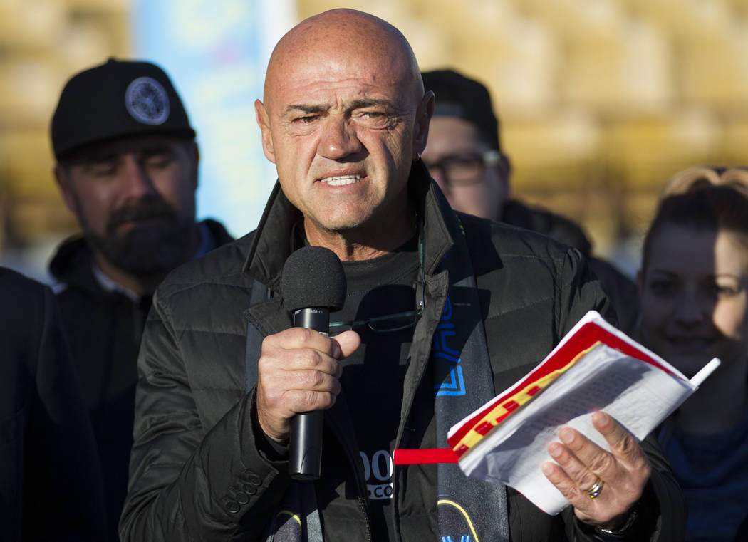 Las Vegas Lights FC head coach José Luis Sánchez Solá during an event to lay the first pieces of turf at Cashman Field to help transition the stadium from a baseball to a soccer ven ...