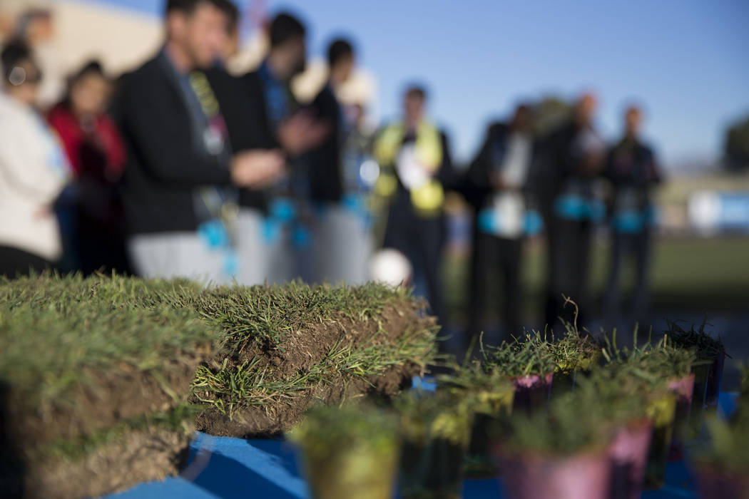People attend a Las Vegas Lights FC event to lay the first pieces of turf at Cashman Field to help transition the stadium from a baseball to a soccer venue, in Las Vegas, Wednesday, Jan. 24, 2018. ...