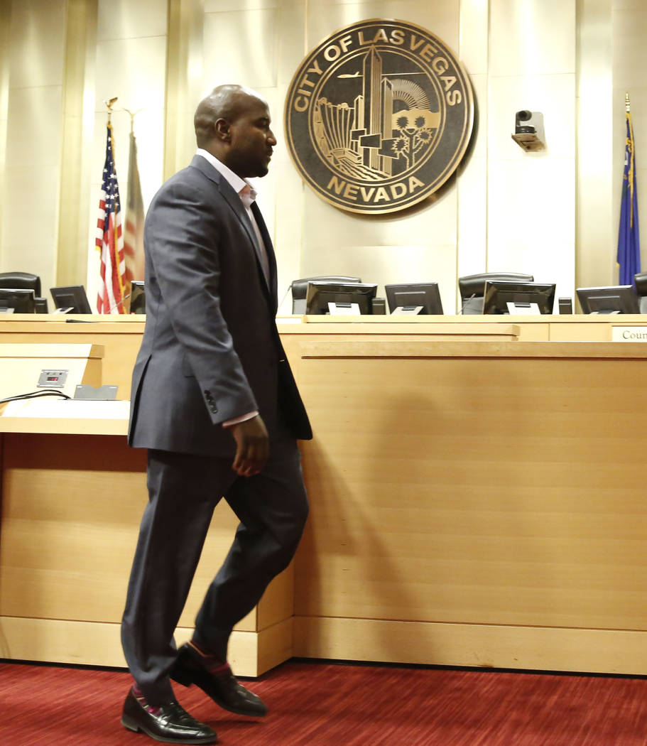 Las Vegas City Councilman Ricki Y. Barlow leaves the podium after announcing his resignation during a press conference in council chambers at City Hall on Monday, Jan. 22, 2017, in Las Vegas. (Biz ...