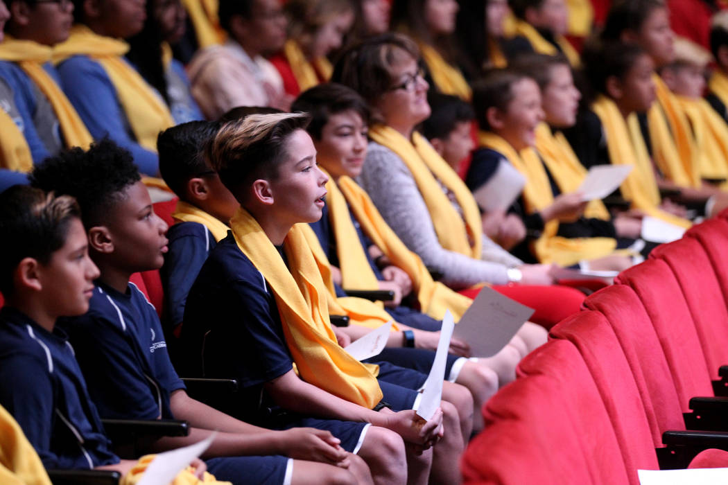 Students from International Christian Academy Soccer Academy watch a performance at UNLV to celebrate National School Choice Week Tuesday, Jan. 23, 2018. Over 1,800 students, teacher and families  ...