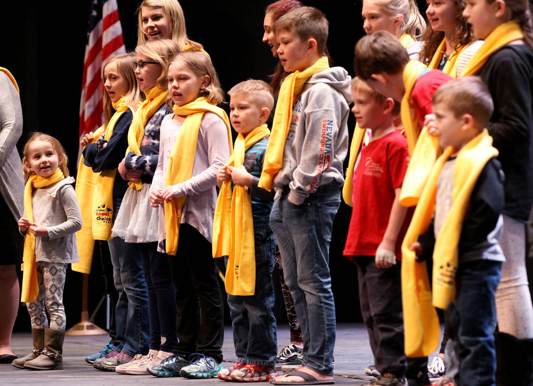 Students from Classical Conversations of Southern Nevada perform at UNLV to celebrate National School Choice Week Tuesday, Jan. 23, 2018. Over 1,800 students, teacher and families watched several ...