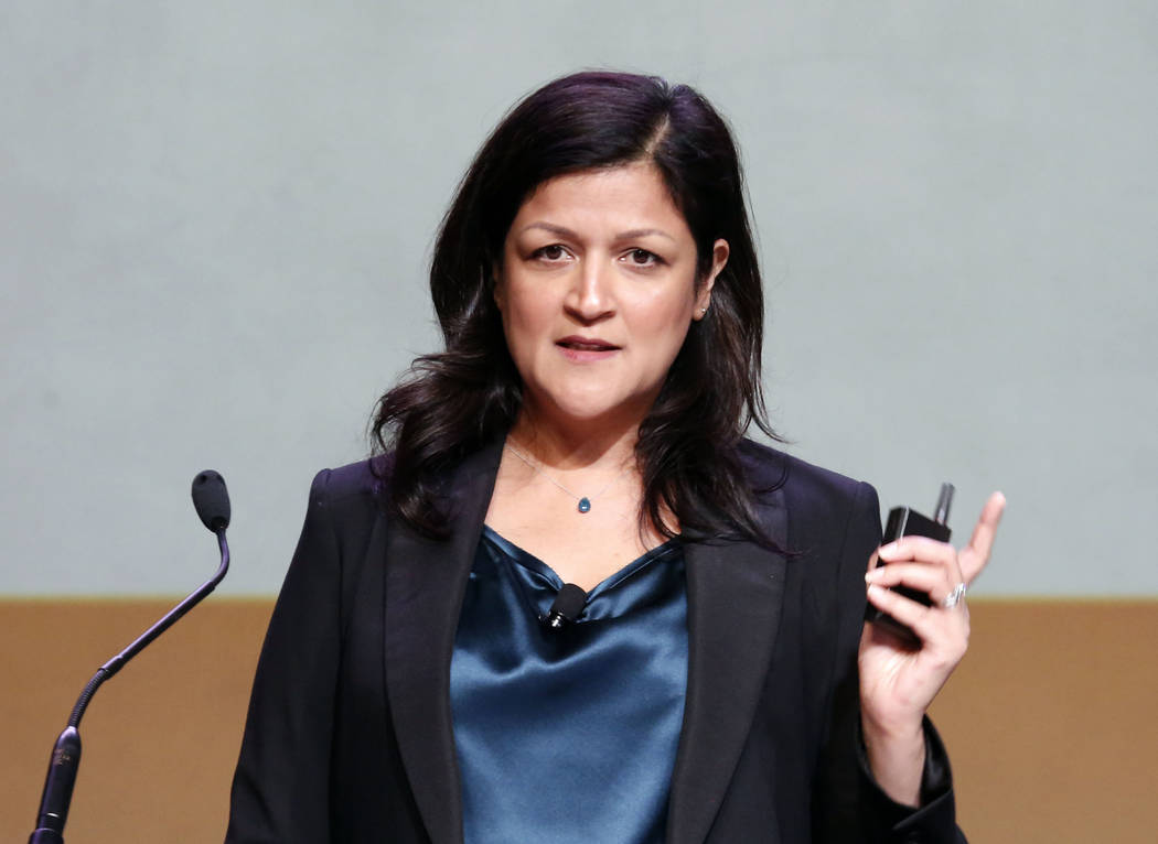 Anjali Kumar, chief people officer and general council, Cheddar, speaks during Preview Las Vegas, the Las Vegas Metropolitan Chamber of Commerce’s largest annual networking event, at Cox Pa ...