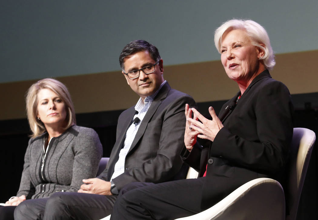 Tina Quigley with the Regional Transportation Commission of Southern Nevada, Manu Namboodiri of Delphi, and Sallie Sargent, right, with the Houston Super Bowl Host Committee, participate in a pane ...