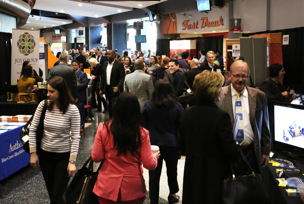 Exhibitgoers arrive at Preview Las Vegas, the Las Vegas Metropolitan Chamber of Commerce’s largest annual networking event, at Cox Pavilion on Friday, Jan. 26, 2018, in Las Vegas. (Bizuayehu Tes ...