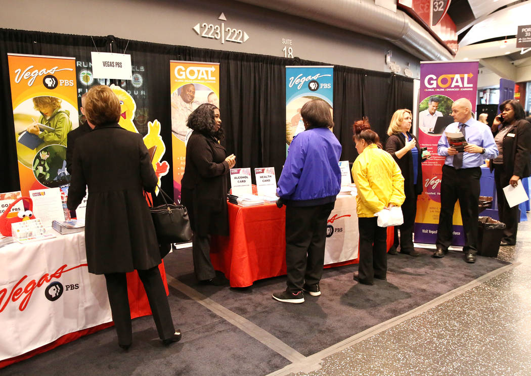 Exhibitgoers at Vegas PBS booth during Preview Las Vegas, the Las Vegas Metropolitan Chamber of Commerce’s largest annual networking event, at Cox Pavilion on Friday, Jan. 26, 2018, in Las ...