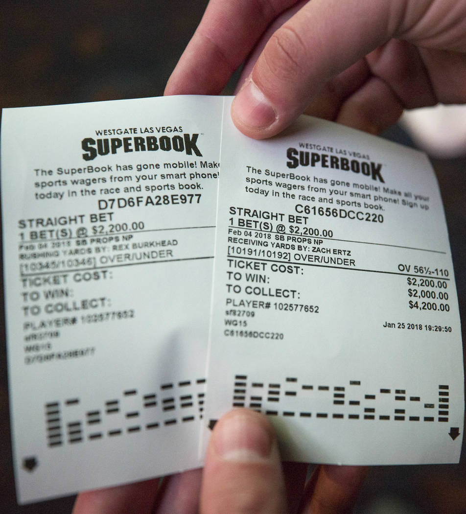 A bettor shows his Superbowl proposition bets at the Westgate Race & Sports  Superbook on Thursday, Jan. 2, 2018. Richard Brian/Las Vegas Review-Journal  @vegasphotograph