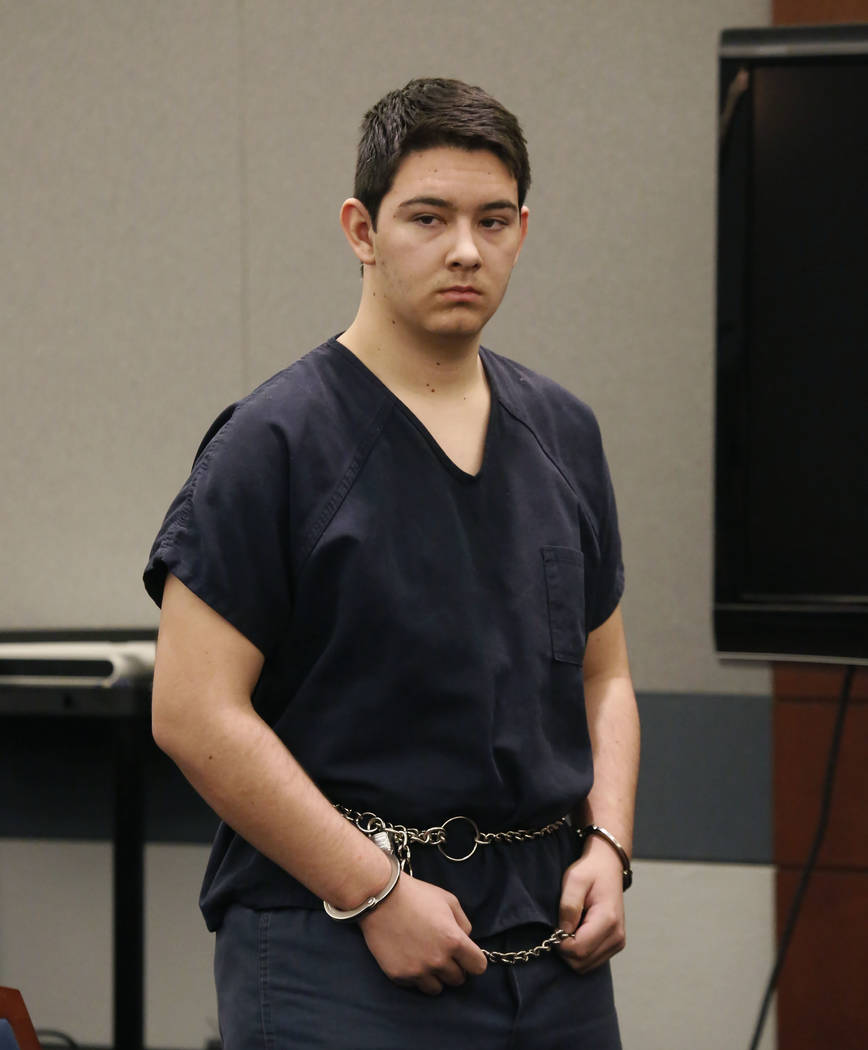 Maysen Melton, a 16-year-old boy accused of raping classmates, appears in court during his bail hearing at the Regional Justice Center on Thursday, Jan. 25, 2018, in Las Vegas. (Bizuayehu Tesfaye/ ...