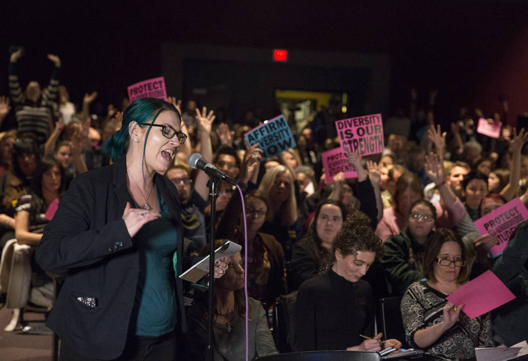 Scarlett Harrington, 26, CCSD graduate and public speaking instructor at the College of Southern Nevada, speaks during a special Clark County input meeting on a potential district gender-diverse p ...