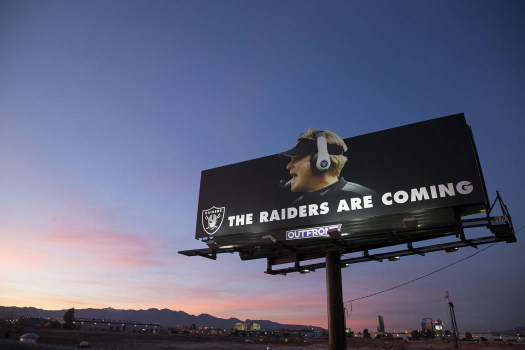 A Raiders billboard shows a picture of the team's new head coach Jon Gruden at the site of their future stadium in Las Vegas, Saturday, Jan. 27, 2018. Erik Verduzco Las Vegas Review-Journal @Erik_ ...