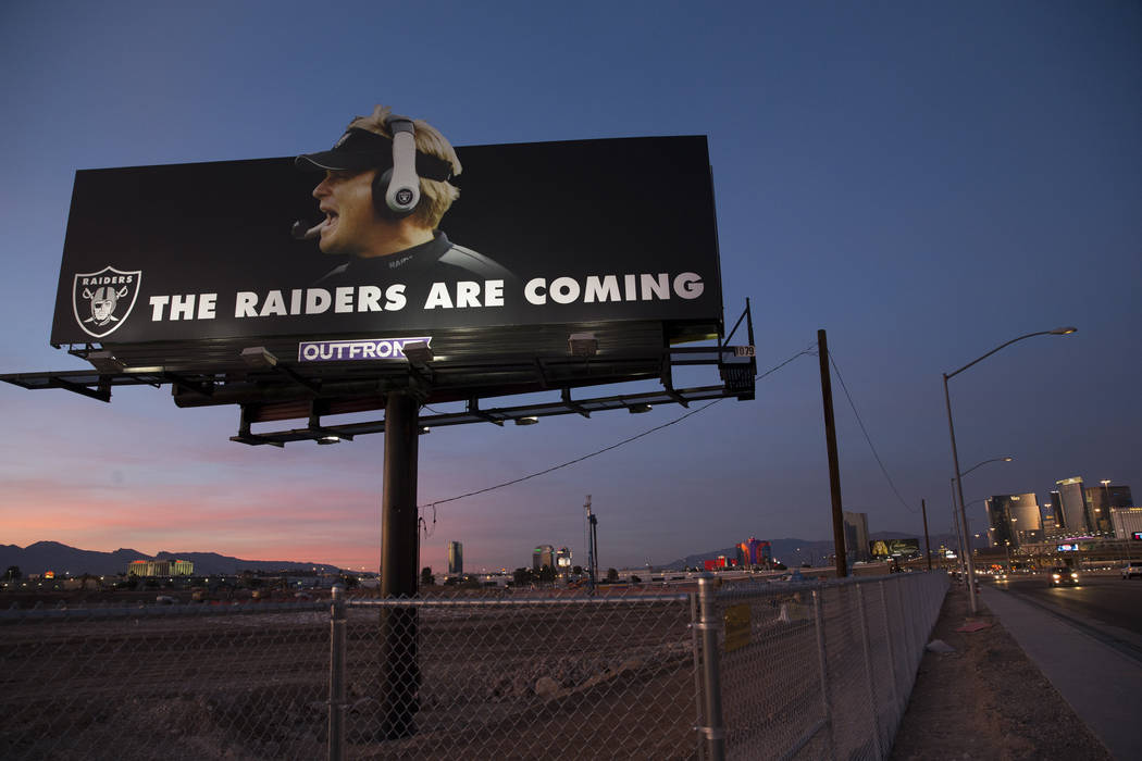 A Raiders billboard shows a picture of the team's new head coach Jon Gruden at the site of their future stadium in Las Vegas, Saturday, Jan. 27, 2018. Erik Verduzco Las Vegas Review-Journal @Erik_ ...