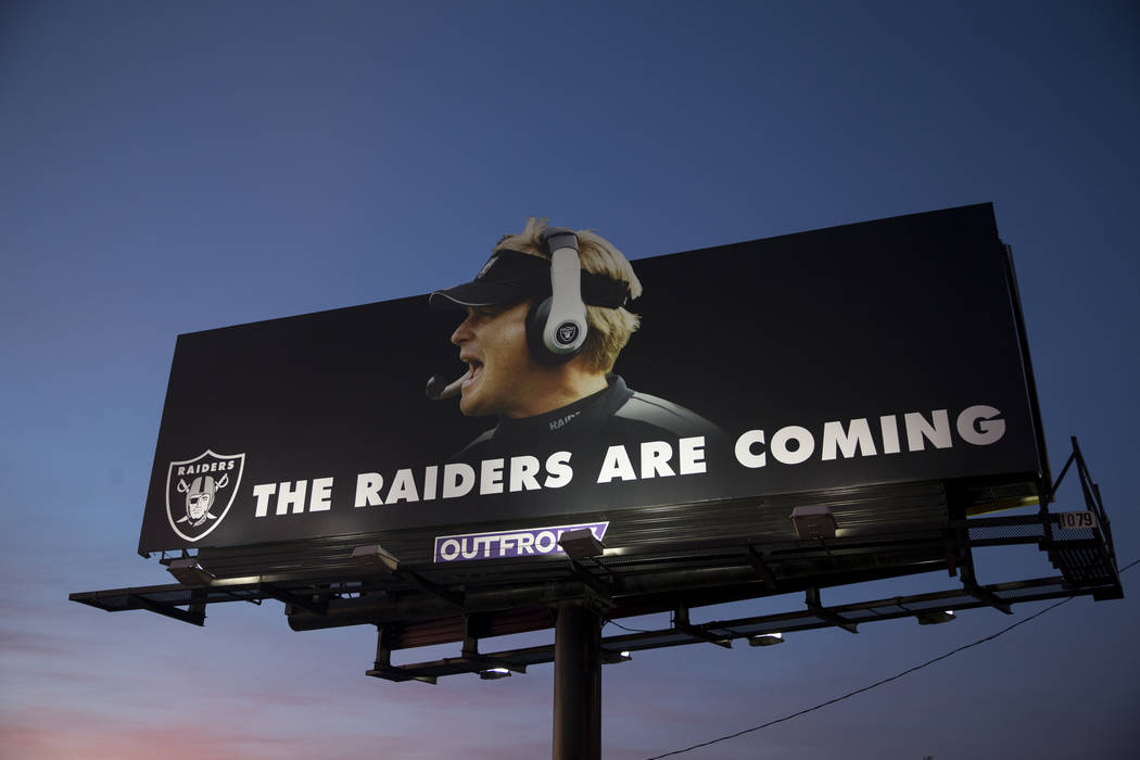 A Raiders billboard shows a picture of the team's new head coach Jon Gruden at the site of their future stadium in Las Vegas, Saturday, Jan. 27, 2018. Erik Verduzco Las Vegas Review-Journal @Erik_ ...