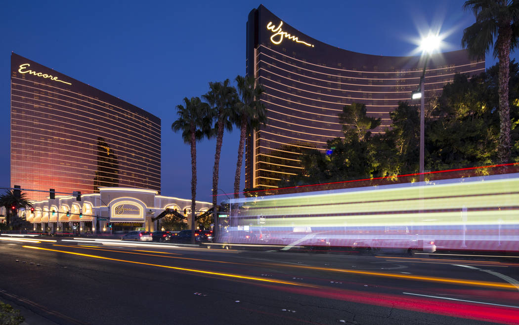 Steve Wynn's properties Encore, left, and Wynn Las Vegas, right, on the Vegas Strip on Saturday, January 27, 2018. (Richard Brian/Las Vegas Review-Journal) @vegasphotograph