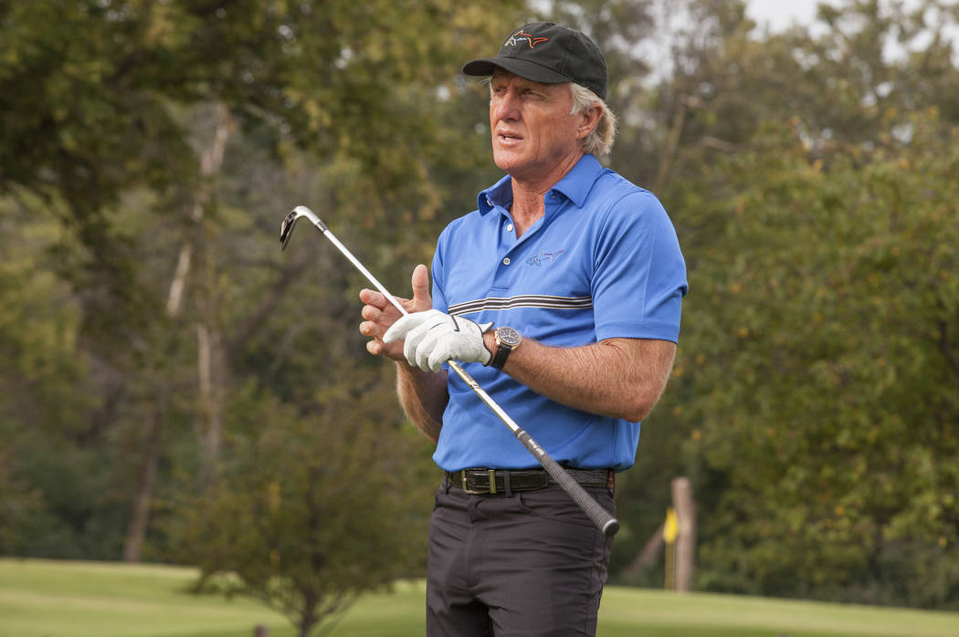Golf Legend and OMEGA Ambassador Greg Norman hosts an exclusive golf clinic for VIP guests on Tuesday, September 9, 2014 at Oak Park Country Club in River Grove, IL. (Photo by Barry Brecheisen/Inv ...