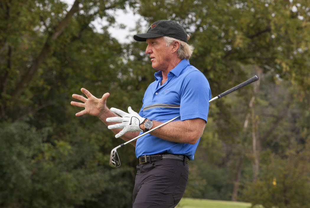 Golf Legend and OMEGA Ambassador Greg Norman hosts an exclusive golf clinic for VIP guests on Tuesday, September 9, 2014 at Oak Park Country Club in River Grove, IL. (Photo by Barry Brecheisen/Inv ...