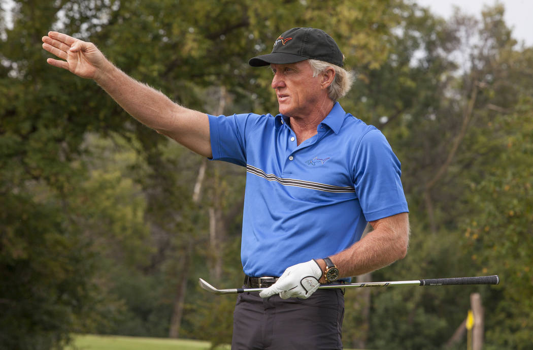 Golf Legend and OMEGA Ambassador Greg Norman hosts an exclusive golf clinic for VIP guests on Tuesday, September 9, 2014 at Oak Park Country Club in River Grove, IL. (Photo by Barry Brecheisen/Inv ...