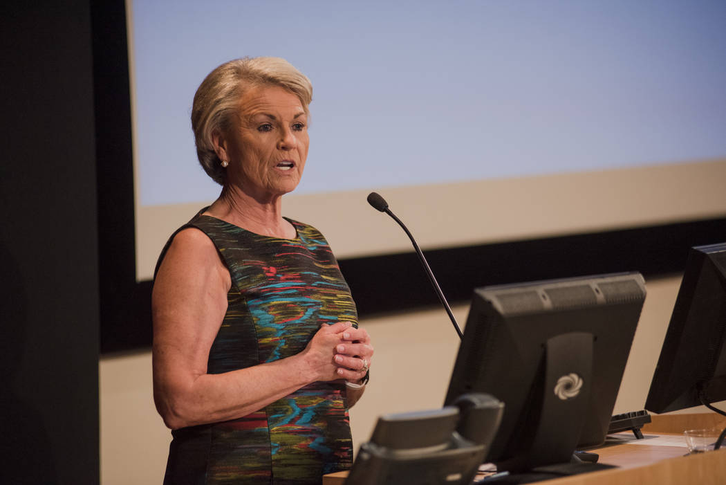 Former Southern Nevada Water Authority Chief Pat Mulroy discusses her new book at UNLV’s Greenspun College of Urban Affairs on Thursday, June 29, 2017, in Las Vegas. (Morgan Lieberman/Las Vegas  ...