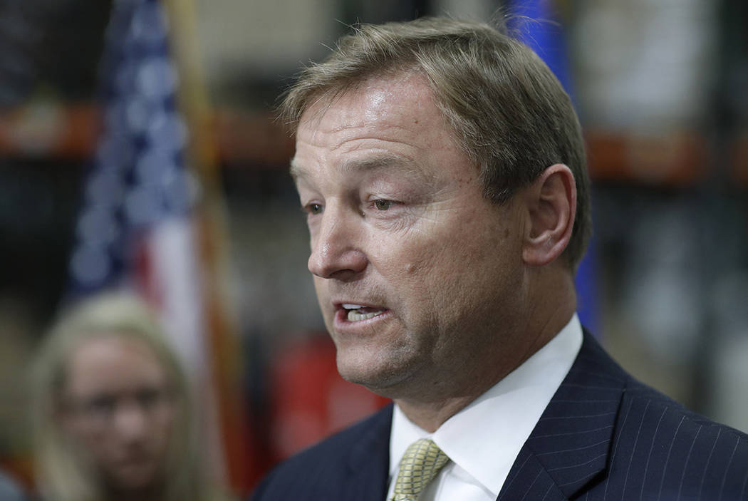In this Aug. 28, 2017 file photo, Sen. Dean Heller, R-Nev., speaks at a news conference in Las Vegas. (AP Photo/John Locher, File)