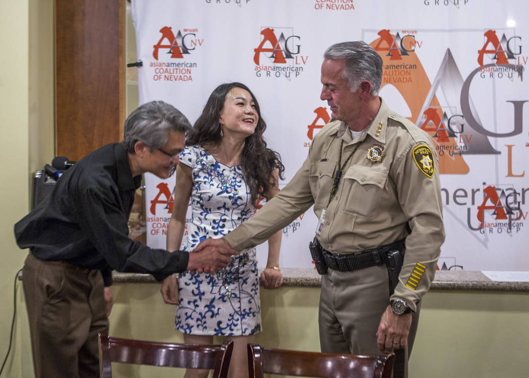 Clark County Sheriff Joe Lombardo meets with members of the Asian American community in Las Vegas during a dinner event at the Hong Kong Garden Seafood & Dim Sum Cafe on Spring Mountain Road o ...