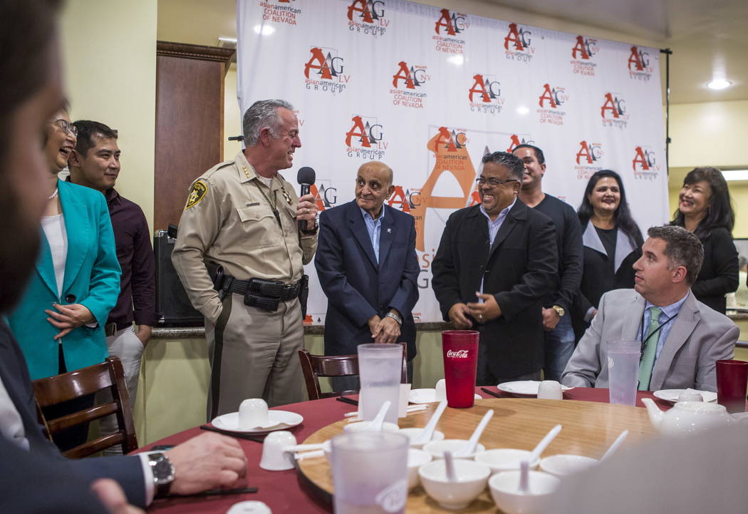 Clark County Sheriff Joe Lombardo accepts an endorsement for re-election from the Asian American Group during a dinner with the Asian American community at the Hong Kong Garden Seafood & Dim S ...