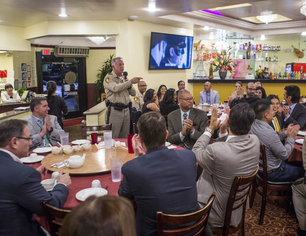 Clark County Sheriff Joe Lombardo introduces police captains during a dinner with the Asian American community at the Hong Kong Garden Seafood & Dim Sum Cafe on Spring Mountain Road on Tuesday ...