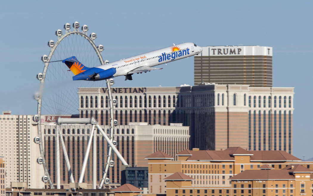 An Allegiant Air flight departs from McCarran International Airport in Las Vegas, Sunday, January 28, 2018. (Richard Brian/Las Vegas Review-Journal) @vegasphotograph
