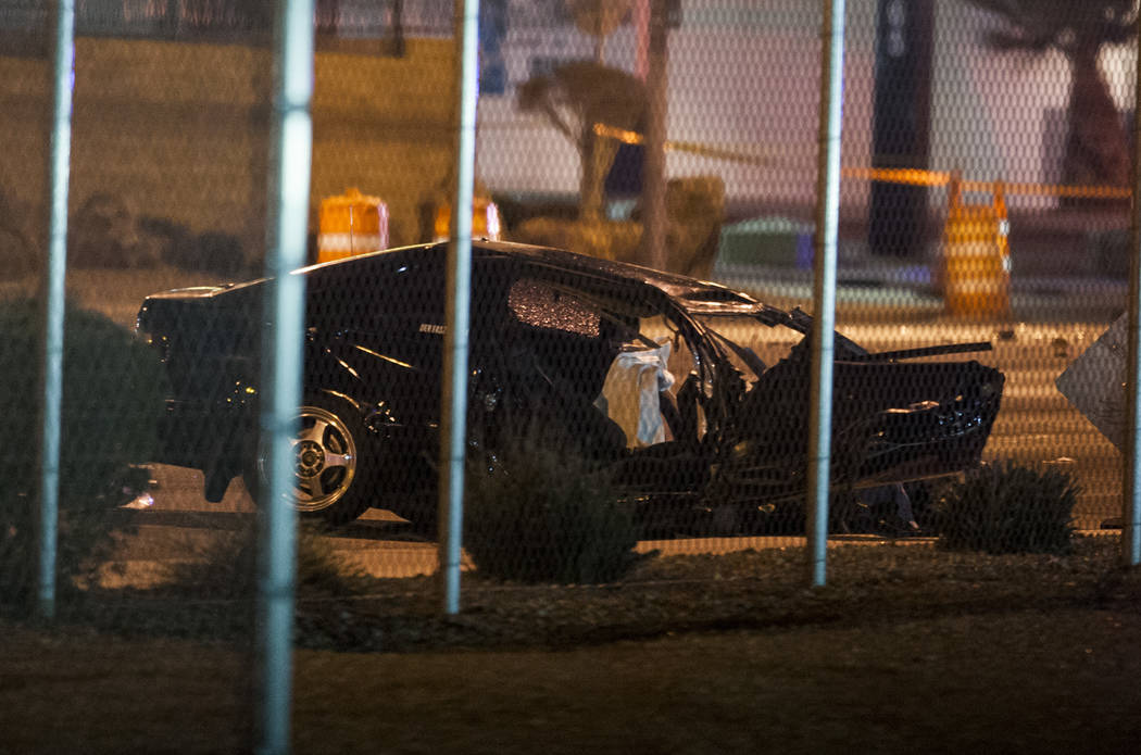 A car at the scene of a fatal multi-vehicle accident near of East Sahara Avenue and South Nellis Boulevard in Las Vegas on Tuesday, Jan. 30, 2018. Two people were killed and two others were injure ...