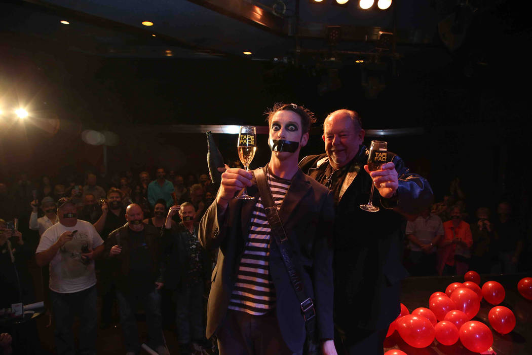 Tape Face and Robin Leach at The Flamingo on Wednesday, Feb. 22, 2017, in Las Vegas. (Gabe Ginsberg)