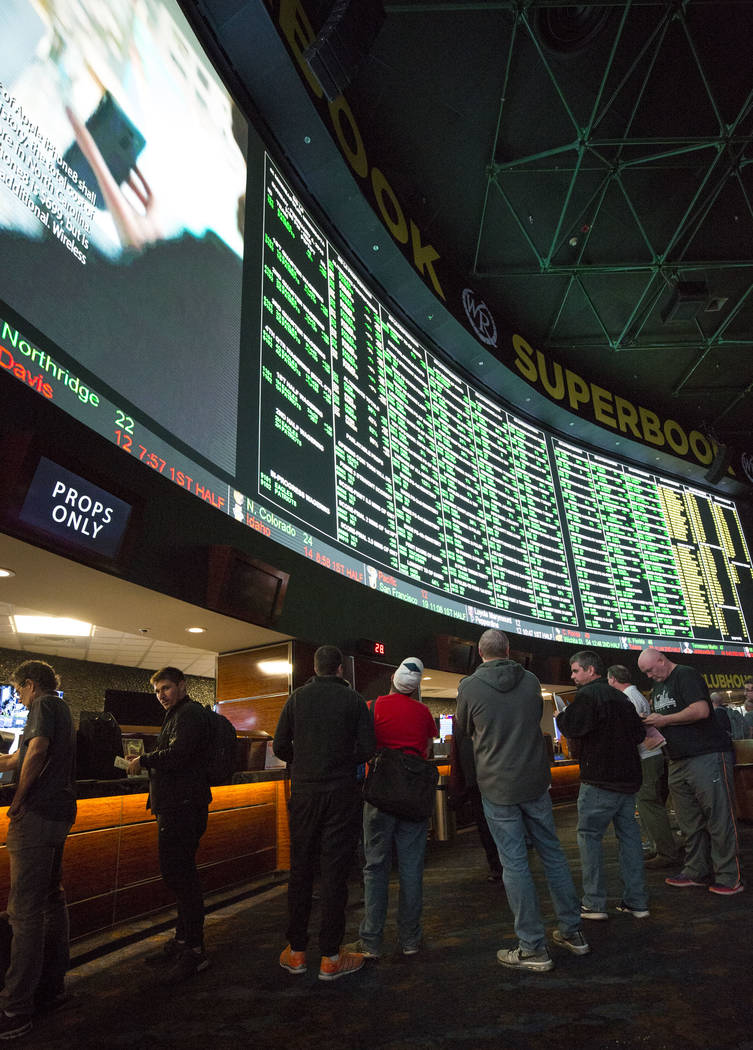 The menu of Super Bowl prop bets lights up the board at the Westgate on Thursday, Jan. 2, 2018 as bettors consider all options for the Feb. 4 clash between the Patriots and Eagles. Richard Brian/L ...