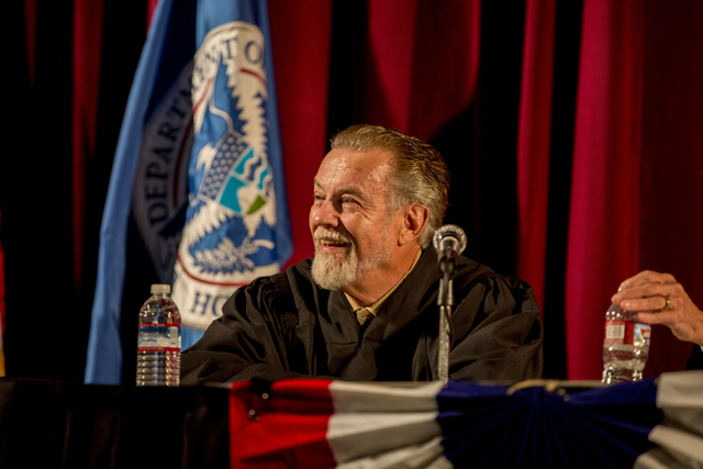 Honorable James C. Mahan smiles during the Naturalization Ceremony at Cashman Field Thursday, Sept. 22, 2016, in Las Vegas. (Elizabeth Page Brumley/Las Vegas Review-Journal) Follow @ELIPAGEPHOTO