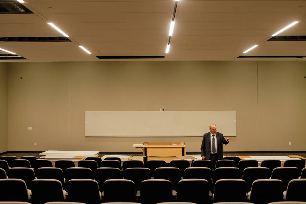 Stowe Shoemaker, dean of the William F. Harrah College of Hotel Administration, stands inside an auditorium at Hospitality Hall at UNLV in Las Vegas, Thursday, Dec. 21, 2017. The building is set t ...