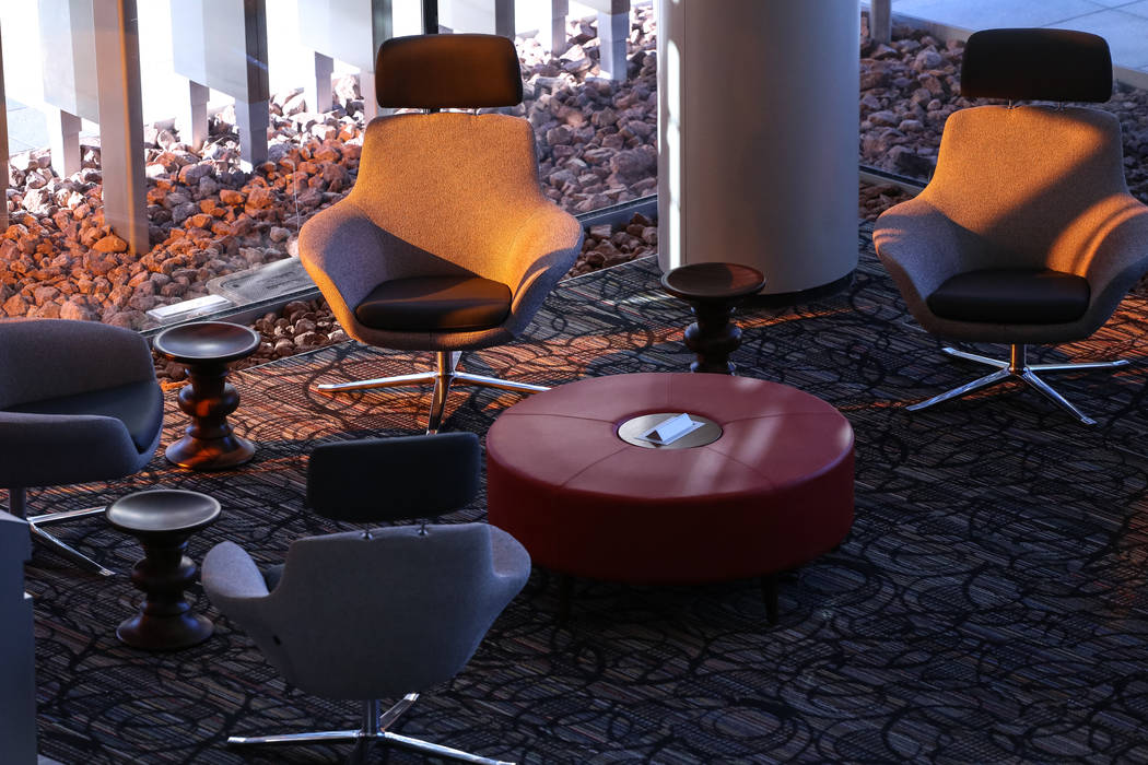 Chairs inside the first-floor lobby at Hospitality Hall at UNLV in Las Vegas, Thursday, Dec. 21, 2017. The building is set to open in late January 2018. Joel Angel Juarez Las Vegas Review-Journal ...