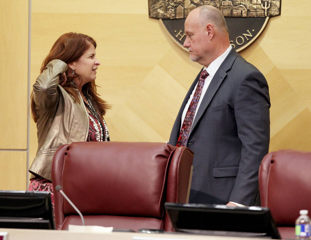 Henderson Mayor Debra March, left, talks to Assistant City Manager Greg Blackburn before a City Council meeting on Jan. 2. (K.M. Cannon Las Vegas Review-Journal @KMCannonPhoto)
