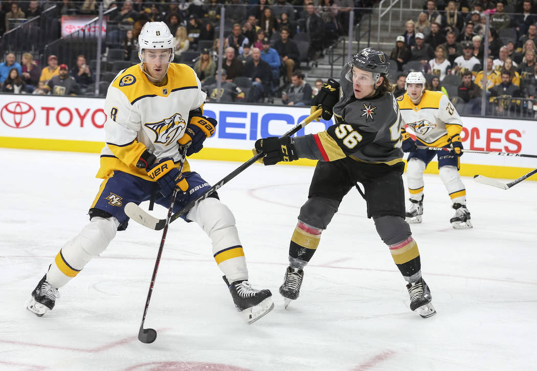 Vegas Golden Knights left wing Erik Haula (56) passes past Nashville Predators center Kyle Turris (8) during the second period of an NHL hockey game between the Vegas Golden Knights and the Nashvi ...