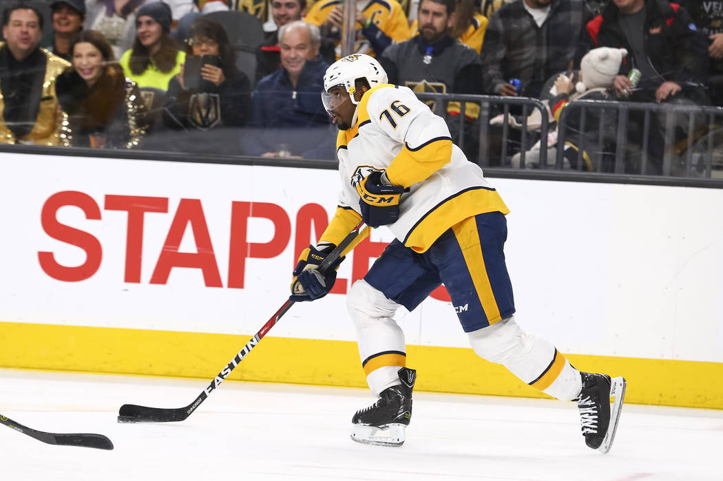 Nashville Predators defenseman P.K. Subban (76) controls the puck during the third period of an NHL hockey game between the Vegas Golden Knights and the Nashville Predators at the T-Mobile Arena i ...