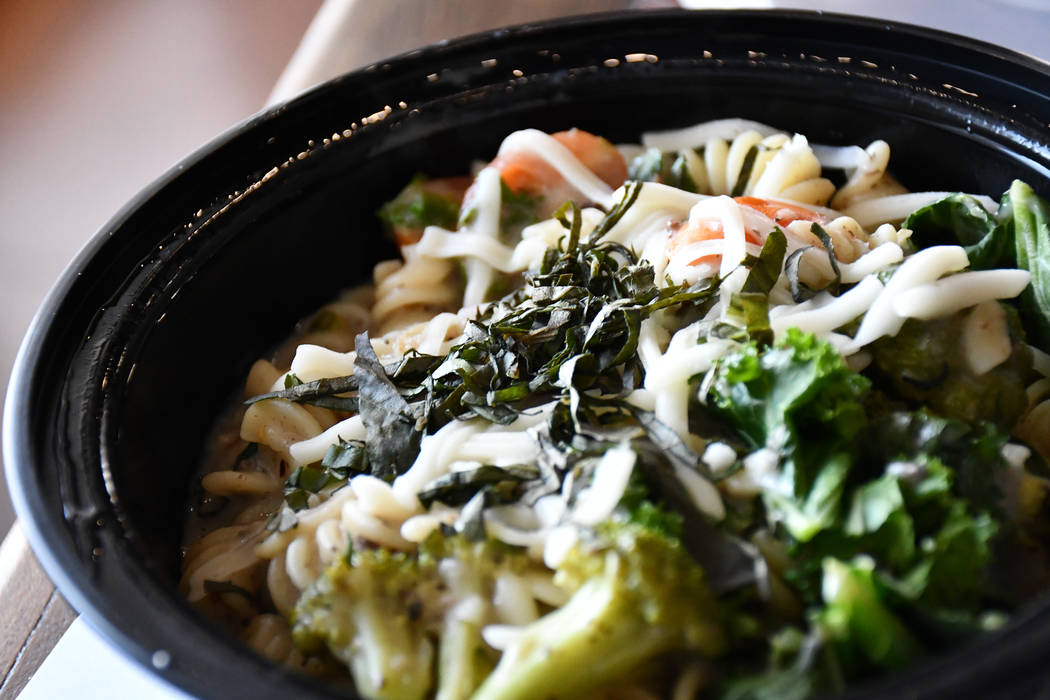 Mushroom power pasta is one of the newest items on the menu at VegeNation in Henderson. The entree includes pasta toasted in cremini mushroom sauce, broccoli, kale and grape tomatoes. (Daria Sokol ...